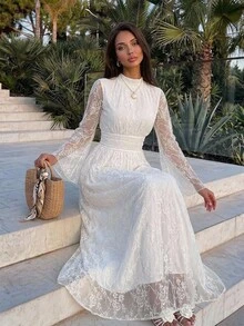 Firerie 女款優雅浪漫日常通勤海邊度假立領百褶高腰A字喇叭袖白色洋裝，夏季女裝 - 白色 - 查看 3