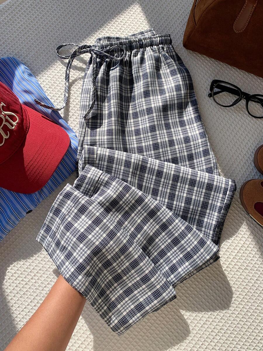 Comfortcana Women's Drawstring Waist Plaid Casual Versatile Daily Travel Long Pants - Navy Blue - View 1