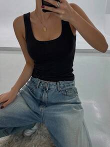 DAZY 女款素色方領修身休閒百搭背心 - 黑色 - 查看 2