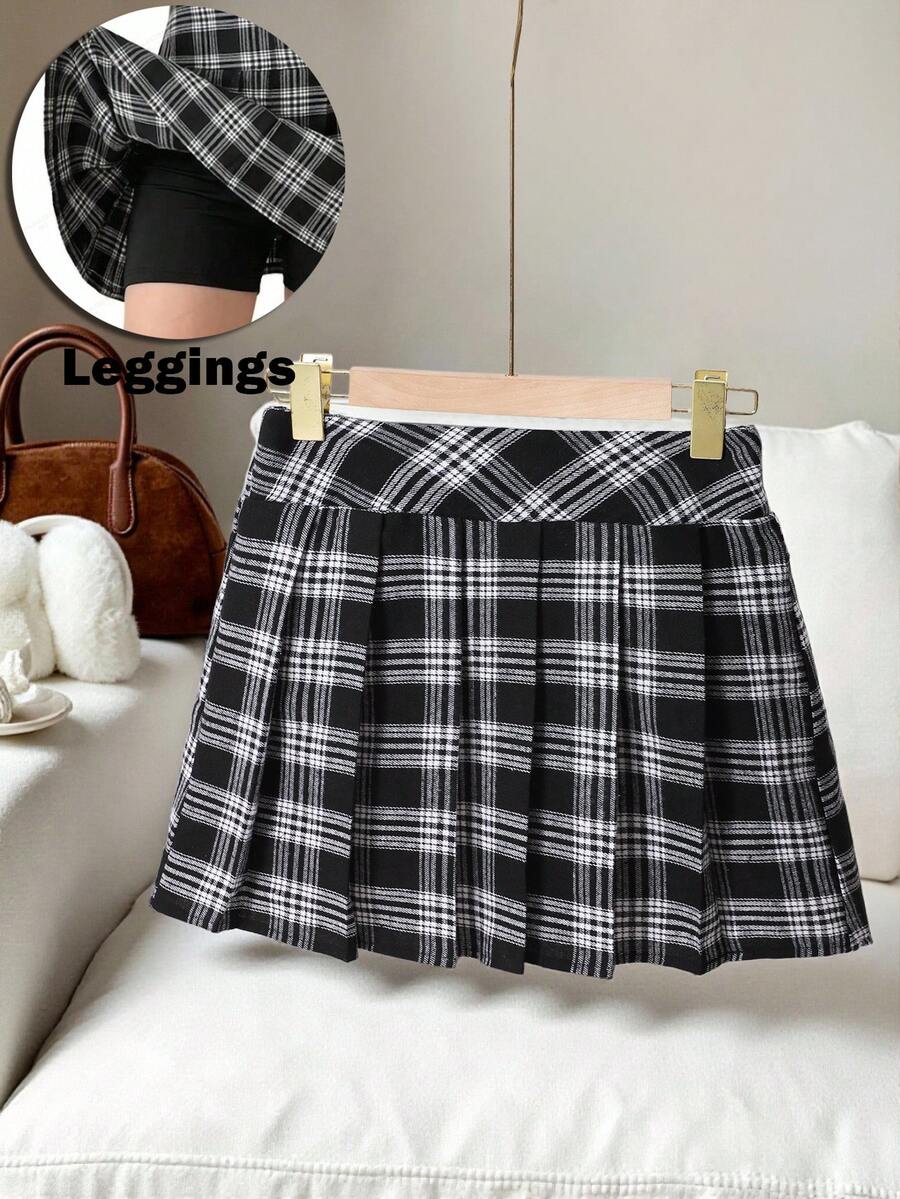 SHEIN Sparklyn 青少年女孩秋季服飾 休閒優雅格紋百褶裙 正式校服 畢業舞會 畢業典禮 大學派對 舞會 黑色 - 黑色 - 查看 1