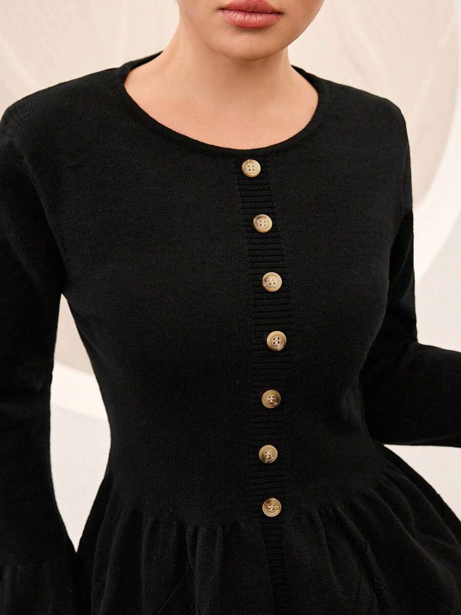 Graceveil Women's Autumn/Winter Casual Solid Color Bell Sleeve Sweater - Black - View 1