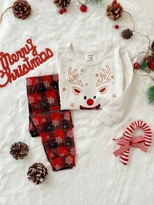 SHEIN Babygirl Cute Casual Versatile Knit Plaid Pants & Cartoon Pattern Tight Knit Top Homewear Set - Beige - View 6