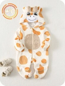 SHEIN Newborn Baby Boy Baby Girl Toddler Boy Fall And Winter Clothes Outfits, Rompers, Fleece Lined Thick Cute Giraffe Pattern Hooded Long Sleeve Jumpsuit Bodysuit, Comfortable Versatile Fashion Daily Casual Cute Minimalist Basic Style, Suitable For Indoor, Outdoor Skiing, Daily, Sports, Play, Party, Photography, Halloween - Apricot - View 6