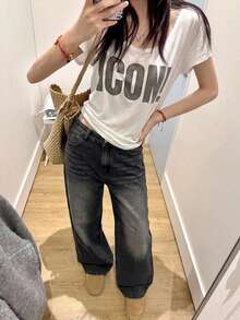 DAZY 女款休閒水洗韓風街頭牛仔褲可愛上衣 - 灰色 - 查看 4