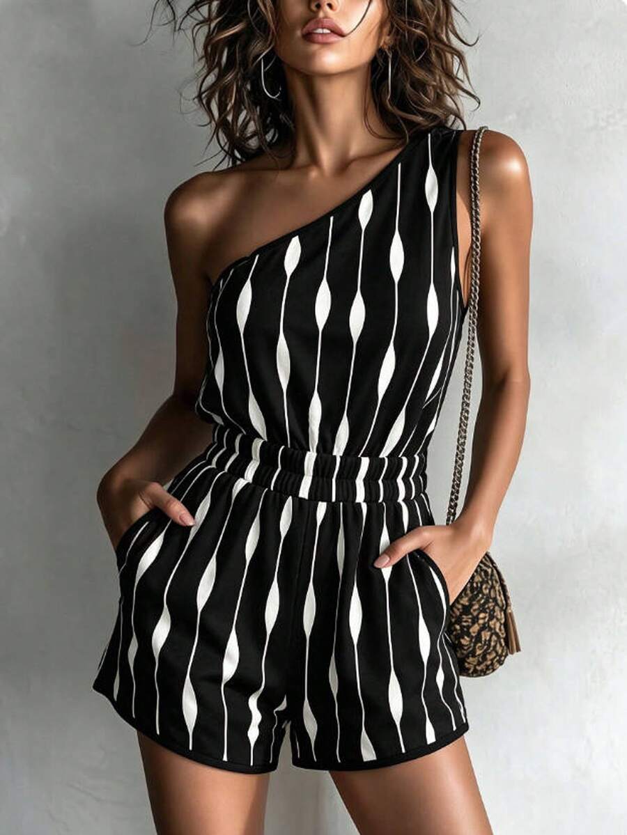 SHEIN 女款新款優雅單肩收腰連身短褲 - 黑色 - 查看 1