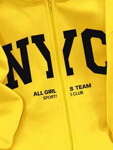 女童清新休閒極簡風 NYC 字母圖案基礎款連帽拉鍊運動外套 - 黑色 - 查看 4