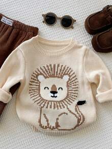 Newborn Baby Cute Lion Pattern Drop Shoulder Long Sleeve Pullover Suitable For Spring And Autumn - Apricot - View 5