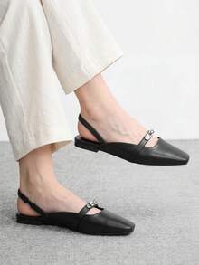 CUCCOO BIZCHIC 女款小方頭平底黑色後扣帶低鞋面slingback便鞋，輕便舒適簡約通勤鞋 - 黑色1號 - 查看 1