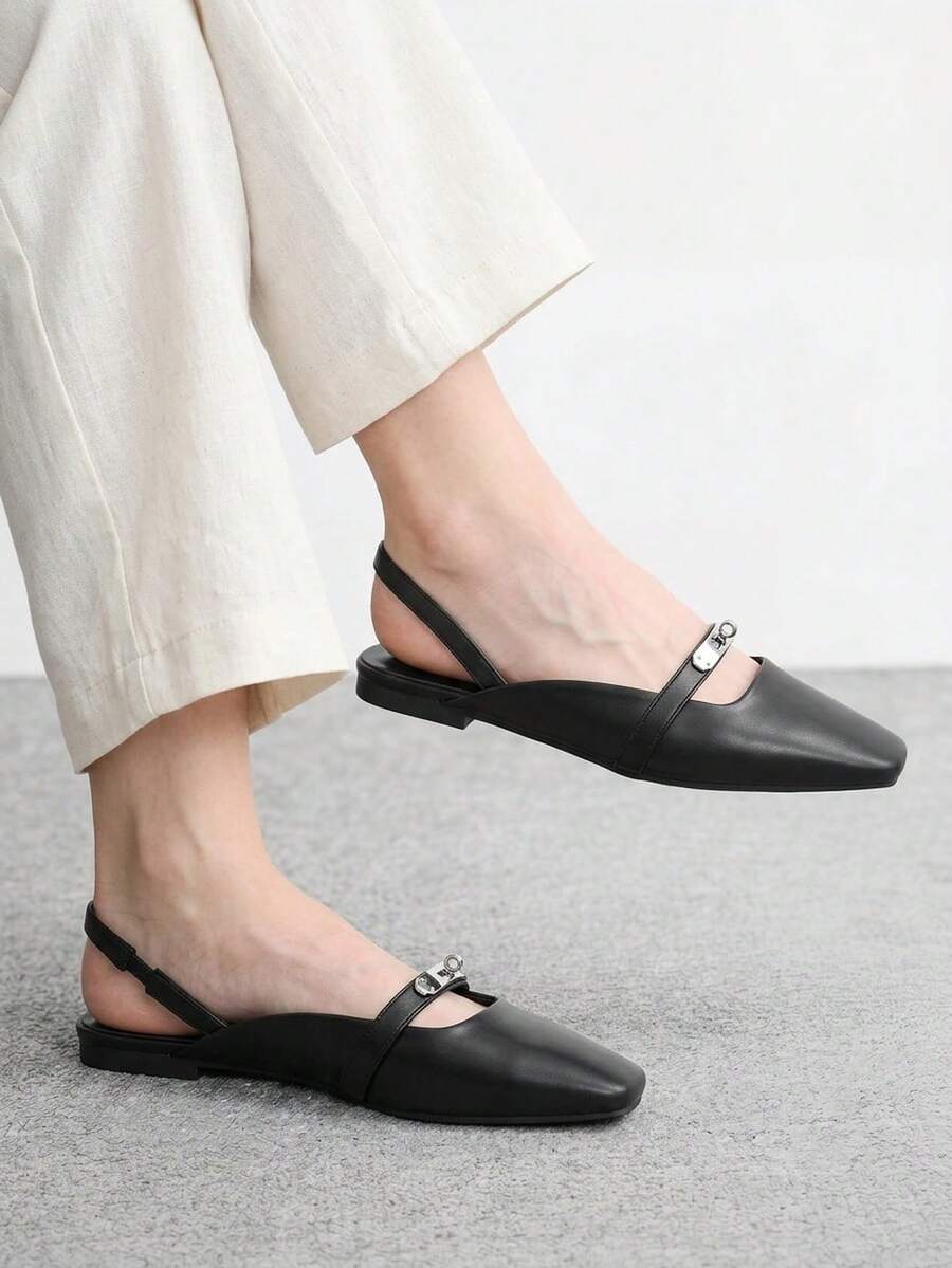 CUCCOO BIZCHIC 女款小方頭平底黑色後扣帶低鞋面slingback便鞋,輕便舒適簡約通勤鞋 - 黑色1號 - 查看 1