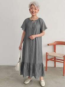 FRIFUL Women's Hollow Neckline Patchwork Pleated Full Skirt Long Dress Summer - Grey - View 1
