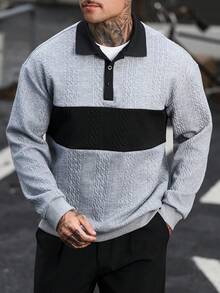 Manfinity CasualCool 男士 POLO 領長袖緹花運動衫，純色布料拼接設計，休閒度假、約會之夜、街頭穿搭，灰色秋季款 - 彩色 - 查看 6