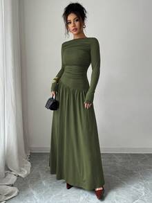 Elenzga Women's Milk Silk Double Brushed Knit Elastic Square Neck Ruched Front Waist-Down Asymmetrical Hem A-Line Loose Hem Long Sleeve Long Dress, Maillard Style, Fitted, Can Be Layered, Exquisite Elegant French Romantic Girl Office Commute Street Style Street Photography Australian Minimalist Versatile Old Money Style Women's Style Thanksgiving Back To School Afternoon Tea Party Spring Autumn Winter - Army Green - View 5