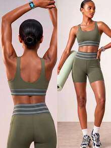 Zivah Women's Striped Cross Back Crop Tank Shorts 2 Pieces Workout Set Gym Athletic Outfit All Season - Army Green - View 4