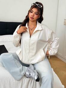 SHEIN EZwear 大尺碼女款純色拉鍊休閒百搭日常長袖夾克 - 杏色 - 查看 4
