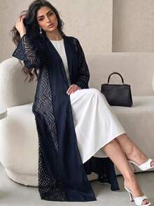 Yasmyna Women's Contrast Mesh Long Sleeve Loose Fit Abaya - Navy Blue - View 7