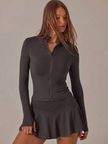 Aralina Leisurewear Zip Front Long Sleeve Top And High Waist Biker Shorts Two Pieces Set - Chocolate Brown - View 9