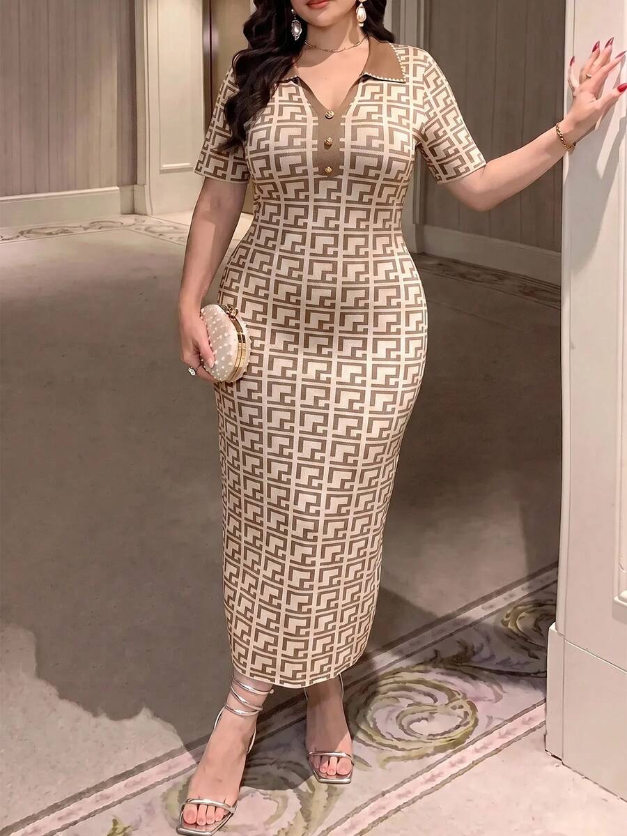Feyla Plus Size Jacquard Fashion Button Short Sleeve Exquisite Knit Dress - Multicolor - View 1