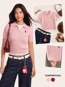 Comfortcana 女款騎士刺繡鈕扣半開襟短袖針織上衣 - 粉色 - 查看 5