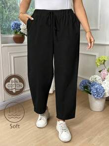 EMERY ROSE Plus Size Women's Solid Color Casual Fold-Over Ankle Pants Fall - Black - View 1