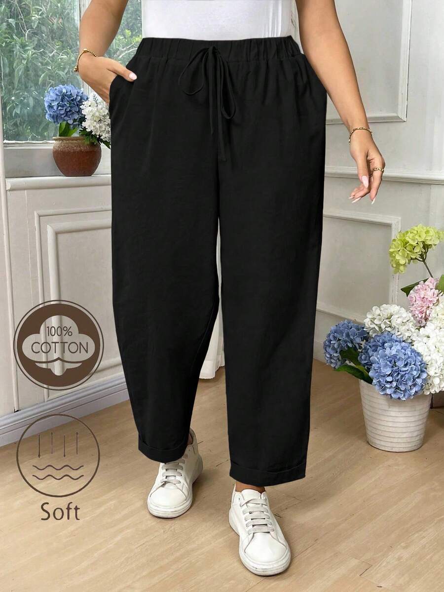 EMERY ROSE Plus Size Women's Solid Color Casual Fold-Over Ankle Pants Fall - Black - View 1