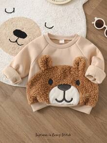 Cozy Pixies Kids Young Boy Cartoon Bear Pattern Thermal Lined Thick Crew Neck Long Sleeve Pullover Autumn Winter Sweatshirt - Apricot - View 9