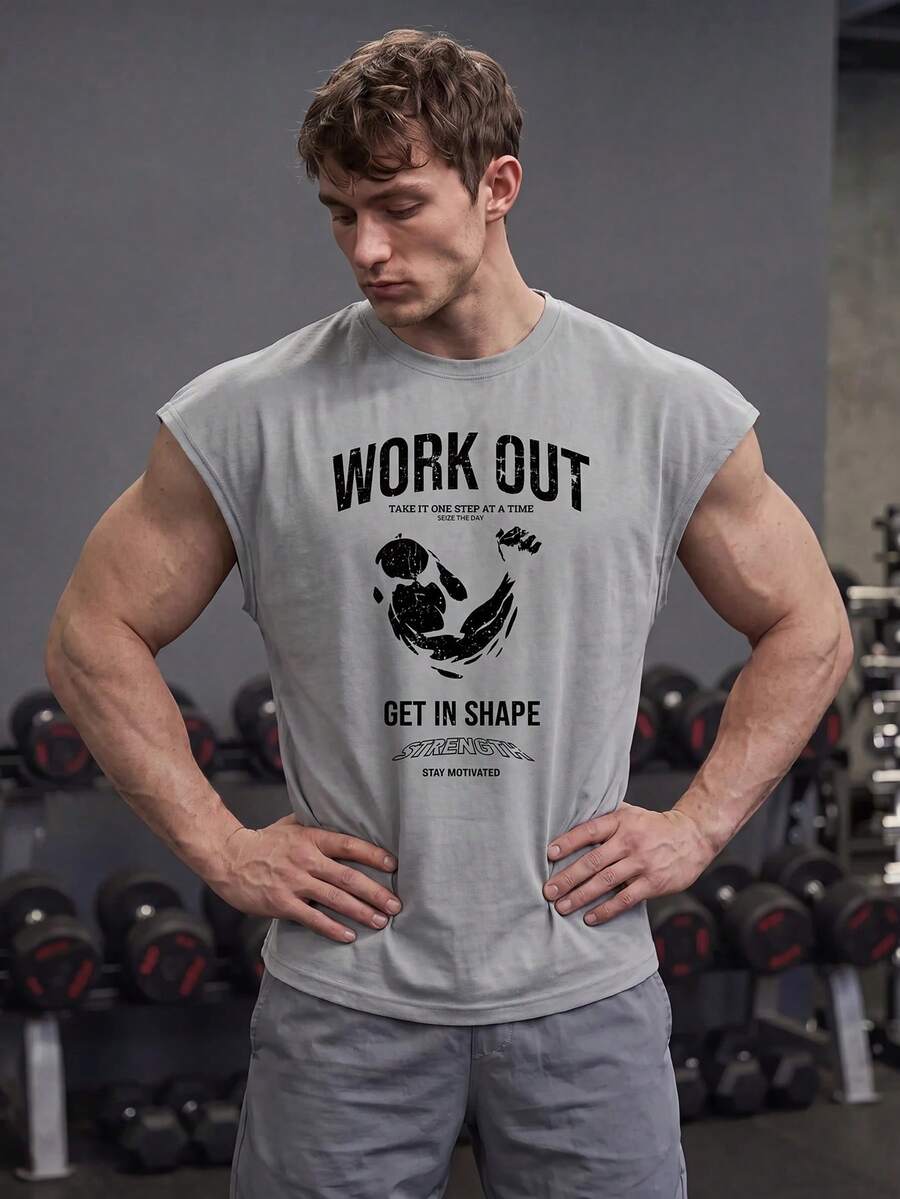 GymBeat Men's Sleeveless Workout Tee,Light Grey Letter Pattern Summer Gym Athleisure Active Sports Tank Top Lightweight Working Out Shirts - Light Grey - View 1