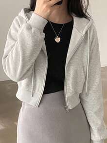 DAZY 女款休閒拉鍊連帽短版刷毛運動衫 - 灰色 - 查看 3