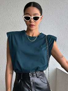 DAZY 純色圓領無袖墊肩女款T恤 Y2K 夏季學院風上衣 校園風 - 墨綠色 - 查看 6