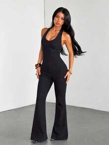 SHEIN Tall 女款純色休閒日常穿著牛仔喇叭褲連身褲 - 黑色 - 查看 8