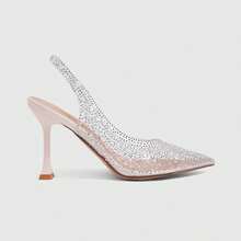 CUCCOO SZL Ladies Pointed Back Empty Fashion Elegant Sexy Party Transparent TPU Fabric Contrasting Color Hot Pearl Rhinestone Rear Lift High Heel Shoes - Off-white 1 mirror - View 4