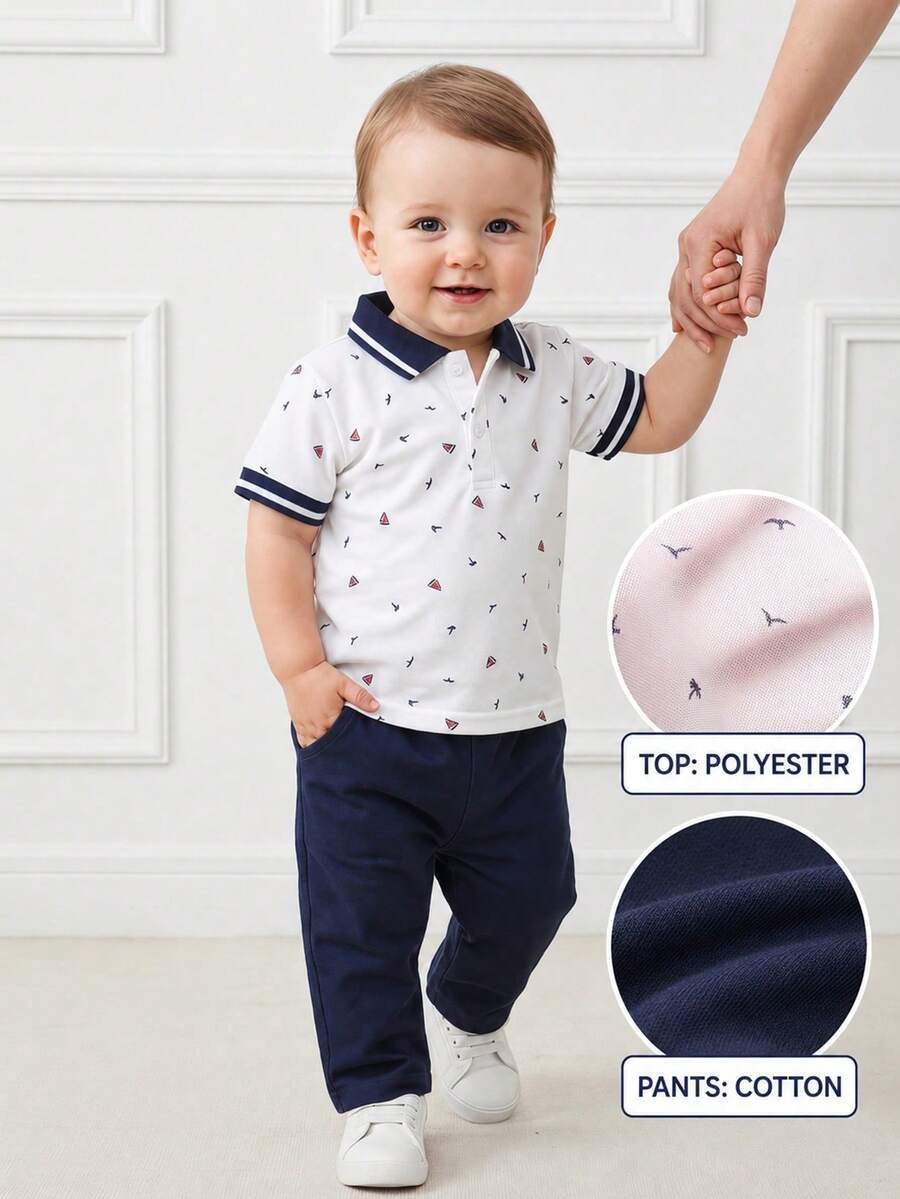Souflis Souflis 2件組 幼童男童條紋POLO衫與長褲套裝 白色夏季休閒穿搭 親子搭配派對款 純棉針織日常度假服飾 - 彩色 - 查看 1