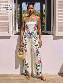 CAJUNI Women's Floral Embroidered Asymmetrical Hem Bandeau Top And Loose Long Pants Set - Multicolor - View 1
