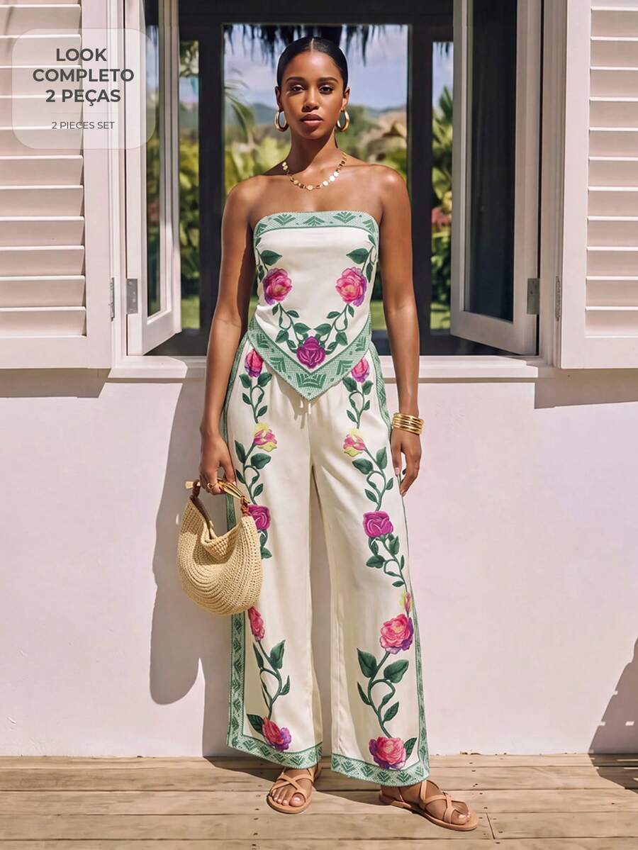 CAJUNI Women's Floral Embroidered Asymmetrical Hem Bandeau Top And Loose Long Pants Set - Multicolor - View 1