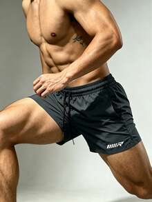 Coreblaze Men's Letter Print Drawstring Waist Double Layer Sports Shorts - Dark Grey - View 4