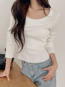 DAZY Slim Fit Large Scoop Neck Long Sleeve Elastic Ribbed Basic Pullover Knit Sweater Korean Style Spring Autumn Women's Brunch School Off-White - White - View 5