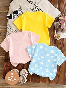 Souflis Souflis 3 PIECE RANDOM 4-7 Years Old Girls Cute & Fresh Rainbow Daisy Bee Print Short Sleeve Tops, Lightweight Casual Wear, School Outfit, Random Pattern - Multicolor - View 2