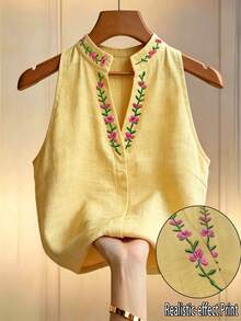 Flora Isola Flora Isola 女款花卉刺繡立領無袖上衣，刺繡上衣，女款夏季穿搭，優雅襯衫，辦公通勤穿著 - 鵝黃色 - 查看 3