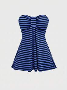 ROMWE Goth Y2K辣妹復古條紋修身抹胸上衣 - 寶藍色 - 查看 1