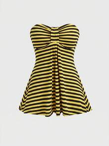 ROMWE Goth Top tubo ajustado a rayas retro estilo Y2K Hot Girl - Amarillo - Ver 1