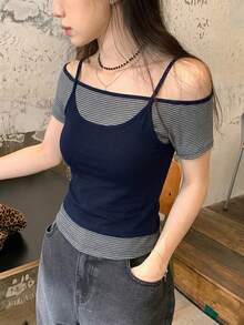 DAZY 女款層次感掛脖短袖T恤，設計感辣妹修身百搭上衣 - 灰色 - 查看 3