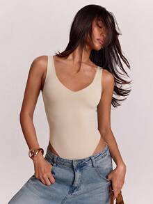 SHEIN BAE Women's Solid Color Minimalist Versatile Bodysuit For Daily Commute - Apricot - View 1