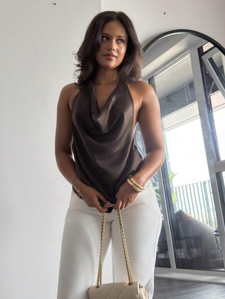 leahseptember 女款極簡通勤風掛脖深V修身背心上衣,棕色休閒夏季上衣 - 咖啡棕 - 查看 1