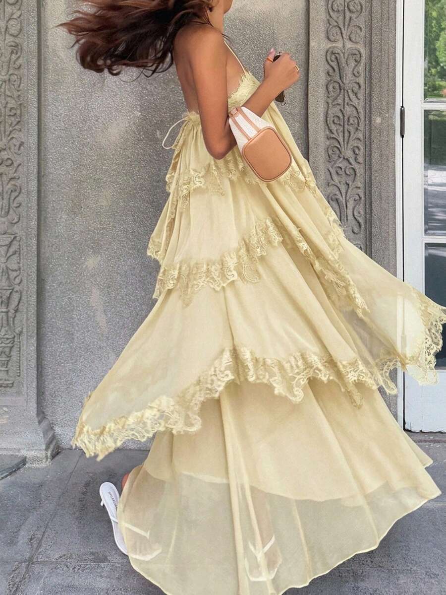 DAZY 春夏女款蕾絲拼接百褶休閒派對旅行細肩帶中長洋裝 - 杏色 - 查看 1