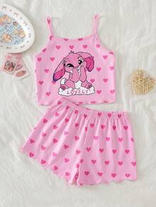 [Random 1 Set ] Young Girls Summer Pink Fairy 2 Pieces Set, Family Matching, Holiday Rabbit & Heart Print Camisole & Ruffle Trim Shorts - Multicolor - View 5