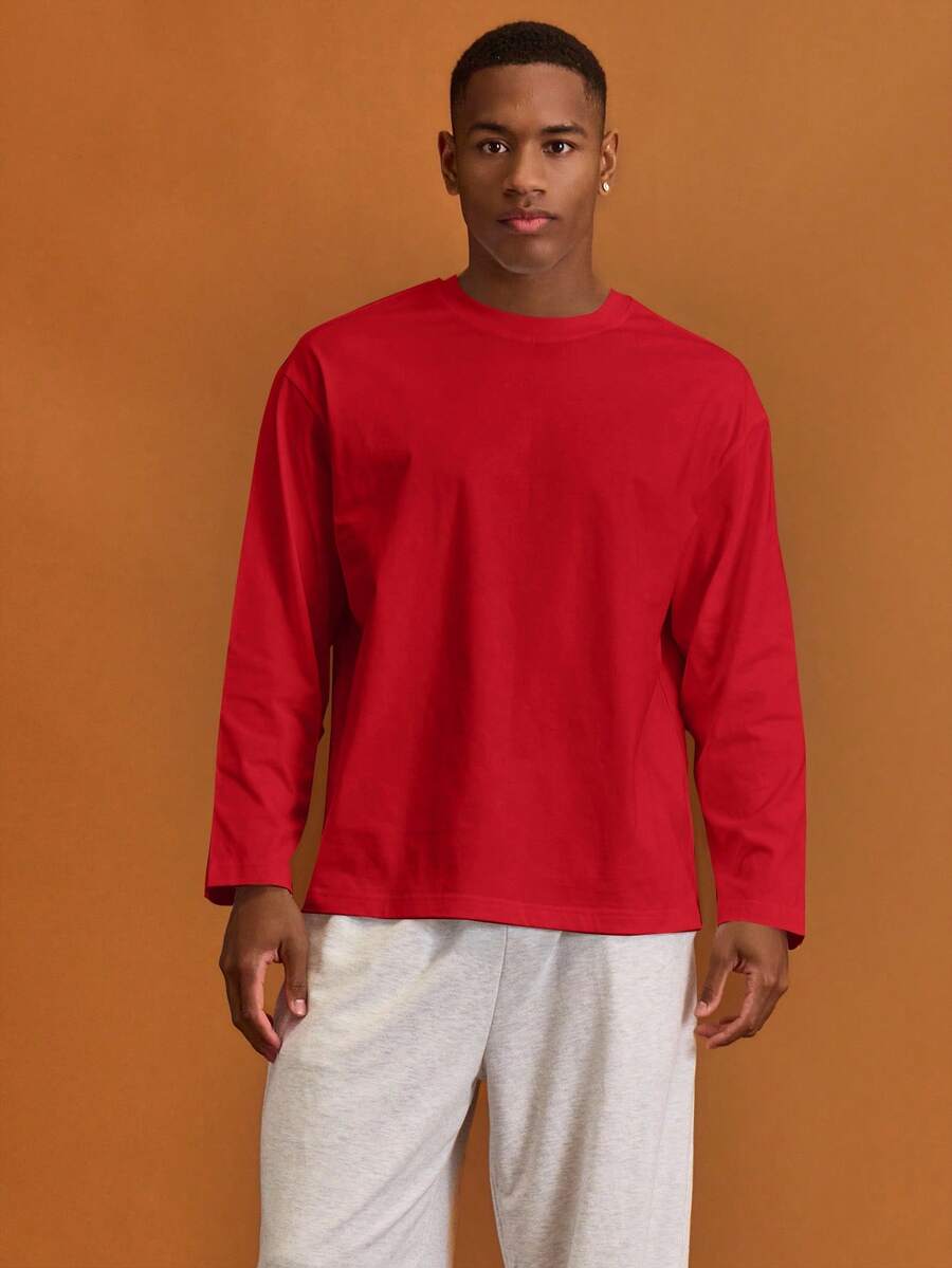 Musero Men Oversized Crewneck Long Sleeve Basic Plain T-Shirt Capsule Wardrobe Layering Spring&Summer - Red - View 1