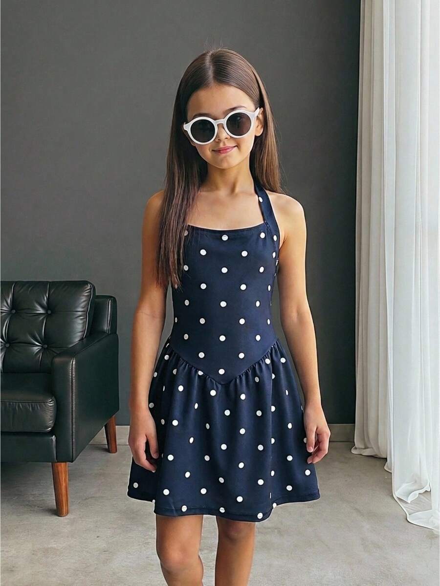 Firerie Kids Firerie Kids Tween女孩休閒度假風海軍藍波點掛脖A字可愛洋裝 - 藏蓝色 - 查看 1