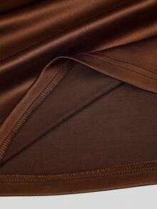 Sweetra Premium Deep Brown Satin Slip Dress With Black Lace V-Neck, Fitted Draped Mid-Length Sexy Dress - Brown - View 4