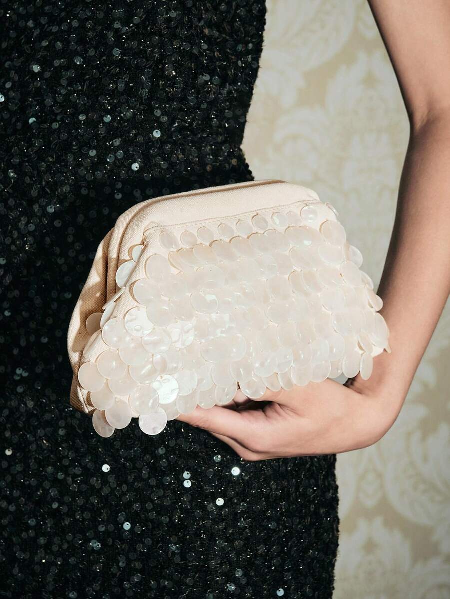 SHECARRY Ladies Beige Clutch Bag, Exquisite And Elegant Acrylic Disc Decoration, For Parties, Dates, Festivals, Vacations, Seaside, Beach, Bohemian - Beige - View 1