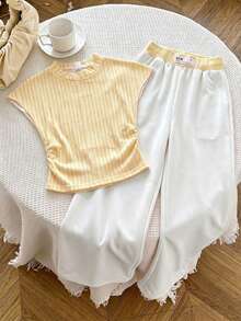  2pcs/Set Gray Knit Outfit, Ruched High Neck Fitted Top Paired With Wide Leg Pants, - Multicolor - View 4