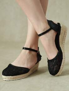 Styleloop Women's Hemp Rope Straw Weave Wedge Heel Black Lace Mesh Women's Wedge Heel Shoes Sandals Hemp Rope Shoes Bohemian Style Vacation Beach Seaside - Black 6 - View 12